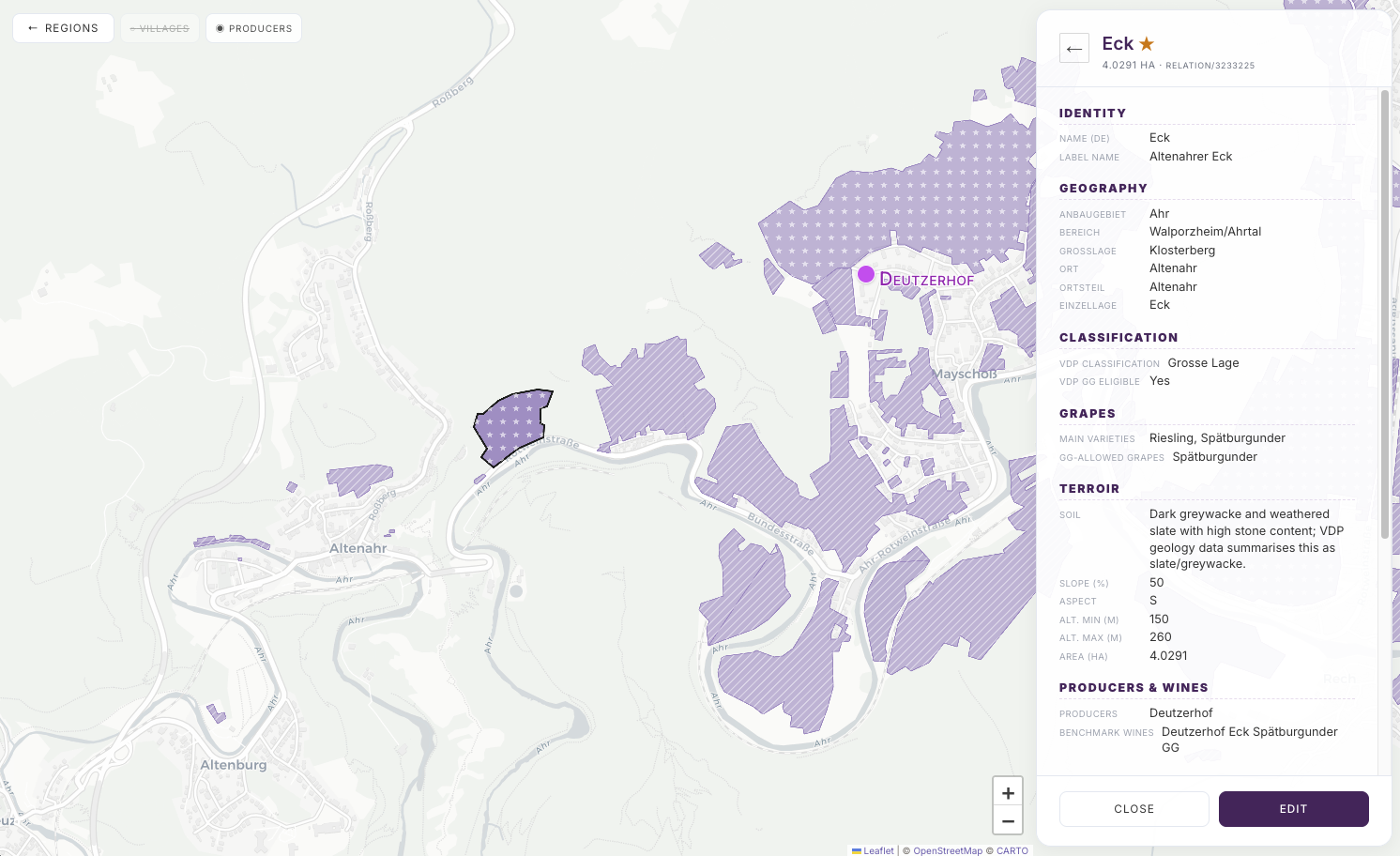 Vineyard detail view with verification status and metadata